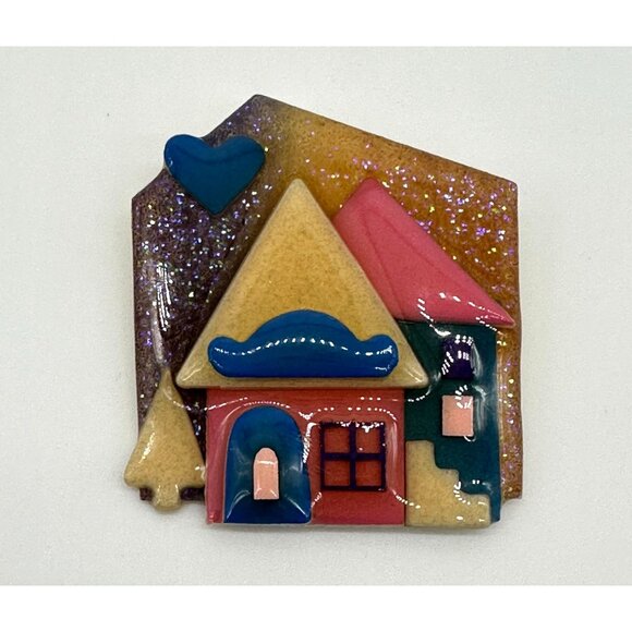 Vintage House Pins by Lucinda Brooch Pink Blue Glitter Cottagecore Retro Jewelry - Picture 2 of 10